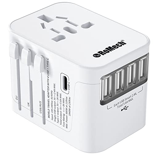 Romech Universal Travel Adapter, 5.6A Smart Power International Plug Adaptor Ac Wall Charger For Global Travelling Usa Europe Eu Uk Aus (Type C + Four Type A, White) #TOP5