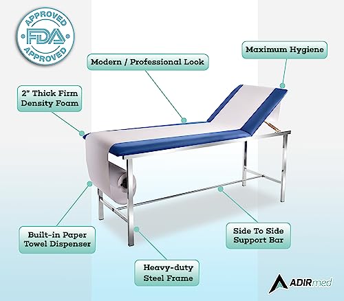 AdirMed Exam Table with Paper Towel Roll Dispenser - Medical Treatment Tables - Adjustable Physical Therapy Patient Examination Bed, Durable, Low Maintenance and Holds Up to 440 Lbs (Blue)