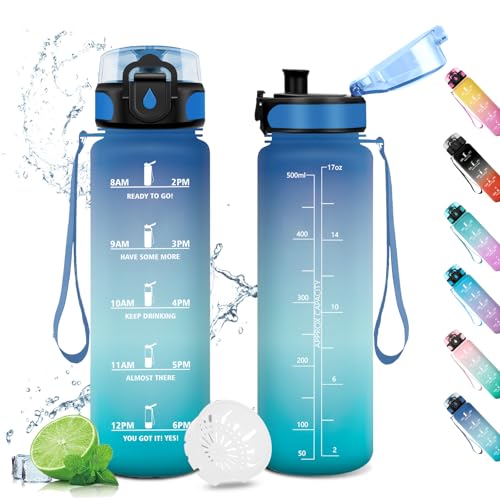 Borraccia 500ml, Bottiglia con Filtro, Borraccia con Indicatore del Tempo Motivazionale, Borraccia Bambini, a Prova di Perdite, Borracce per Bambini, Sport, Palestra, Scuola, Gym, Ufficio, Yoga