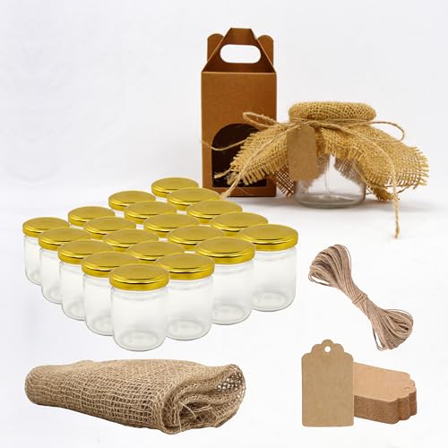 Espirito Rebelde Confezione da 20 barattoli vuoti in vetro da 100 ml con coperchio, 20 scatole, tessuto, spago di iuta e 20 etichette kraft, per marmellate, conserve, miele