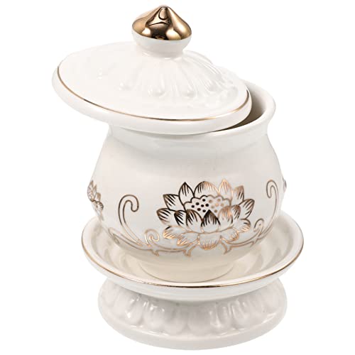 Mikikit Tazza Per Offerte D’acqua Buddista in Porcellana Bianca Fiore Di Loto Decorativo, Coppa Per Altare Tempio, Accessorio Cerimoniale Per Rituali e Sala Buddha, Stile Retrò Elegante