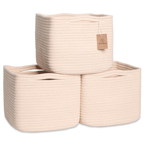 Image of NaturalCozy Storage Cubes 9”x9”x7”Cotton Rope Woven Baskets for Organizing 3-Pack | 9 Inch Cube Storage Bin | Small Basket for Shelf Nursery, Pantry, Decorative Plant, Bathroom Closet, Toy Gift