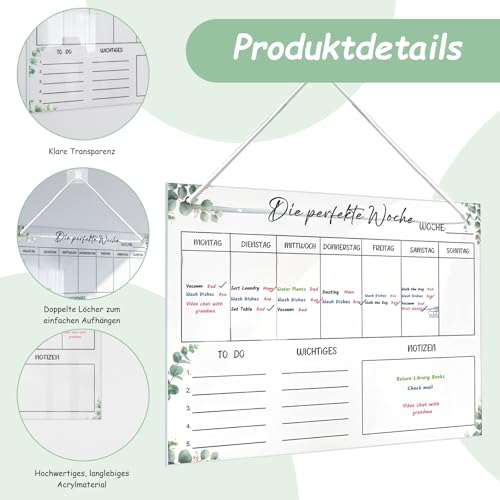 Foonary Wochenplaner Abwischbar,Essensplaner Woche aus Acryl für Haushaltsplan, 30 x 20CM Familienplaner mit 6 Whiteboard-Stift Haushaltsplaner zum Aufhängen für Memoboard auf Deutsch