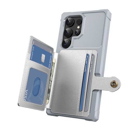 Tcaraersing for Samsung Galaxy S21 Ultra 6.8" Case with Card Holder, Compatible with Magnetic Car Mount, Heavy Duty Shockproof Rugged Soft TPU Back Leather Flip Wallet Phone Cover, Silver by Tcaraersing - Used condition - Image 2