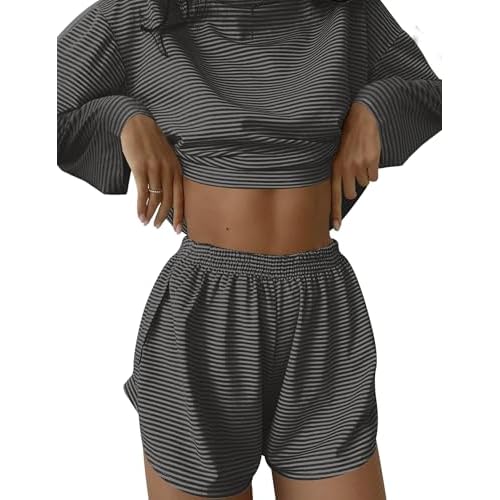 Kistore Womens 2 Piece Pajama Sets Long Sleeve Top and Shorts Sleepwear Pjs Lounge Matching Split Short Sets A-gray Black Striped Small