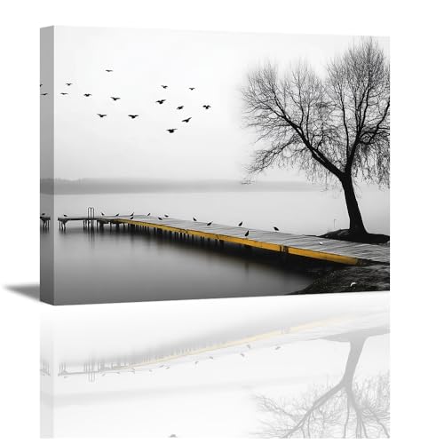 Piy Painting Paisaje Lienzo Arte Pared, Impresión En Lienzo Blanco y Negro, Cuadro Enmarcado, Fácil De Colgar Para Salón Cafetería Dormitorio Cocina Comedor, Marco Interior, 30x40 cm