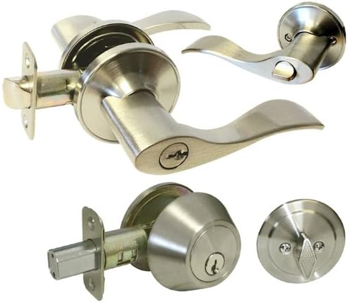 Satin Nickel Entry Entrance keyed Levers with Matching Single Cylinder Deadbolts Combo Keyed Alike 838DC (2 Set)
