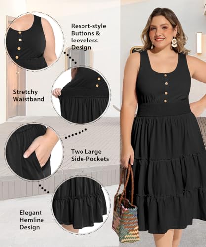 Image of RITERA Plus Size Summer Casual Dresses for Women Sleeveless Button Down Empire Waist Ruffle Tiered Swing Midi Dress XL-5XL