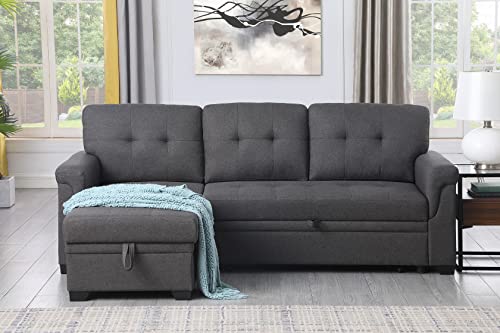 Lilola Home Lucca Dark Gray Linen Reversible Sleeper Sectional Sofa With Storage Chaise #TOP6