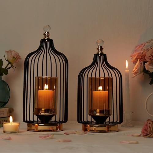 Luxury Birdcage Lanterns 36cm High, Vintage Black Tealight Holder set of 2, Hurricane Holder for Pillar Candle with Tempered Glass Panels, Decorative Lanterns for Garden, Table, Living room (2PCS)