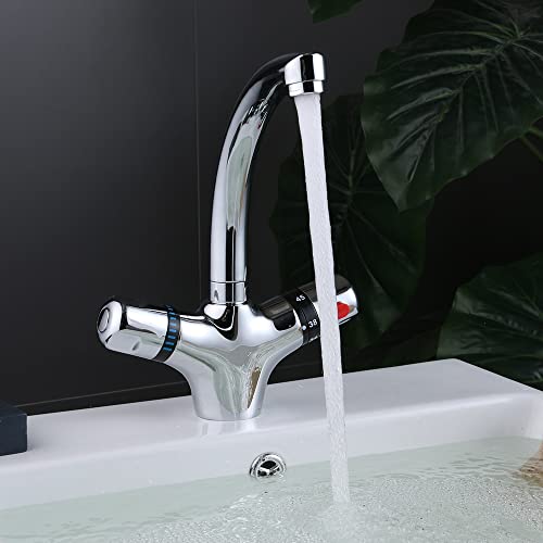 Robinet de Lavabo Robinet de Lavabo Mitigeur Thermostat Robinet en Laiton Poli Accessoires Salle de Bain Mitigeur Lavabo Thermostat Robinet de Cuisine (4 ℃...