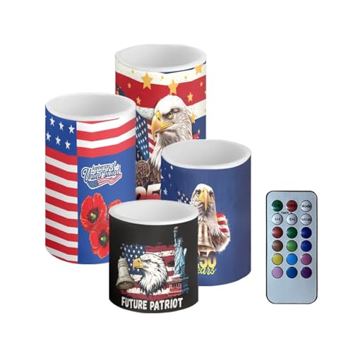 Image of 4 Pieces Flickering Flameless Candles American Flag Theme 250 Years Celebration of July 4th Independence Day LED Candles Battery Operated Color Changing Timer Remote Pillar Candles