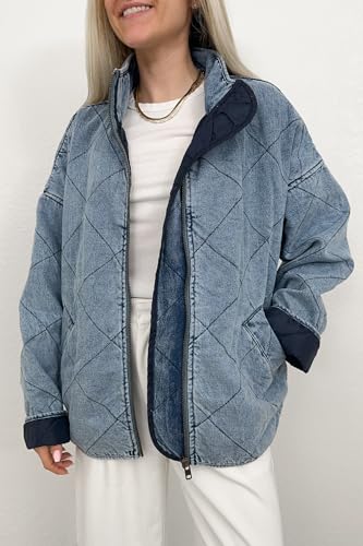 utcoco Women's Oversized Long Sleeve Denim Jacket Casual Loose Fit Zip Up Jean Quilted Jackets Coat with Pockets2