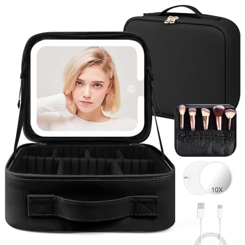 OSDUE Trousse de Maquillage avec Miroir Lumière,Trousse de Maquillage de Voyage 3 Couleurs LED Trousse avec Séparateurs Réglables Portable Grande Capacité pour Les...