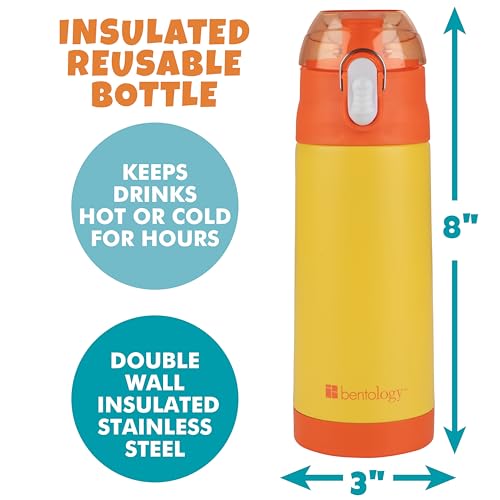 Image of Bentology Stainless Steel 13 Oz Reusable Water Bottle for Kids, Yellow | Double Wall Insulated, Spill Proof Lid W /Built-in Straw- Keep Liquids Hot or Cold- Easily Fits in Lunch Boxes & Bags