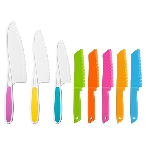 NANXJIUR Lot de 8 couteaux de cuisine en plastique et nylon pour enfants - Couteaux de cuisine à bords dentelés - Réutilisables - Avec coupe-fruits