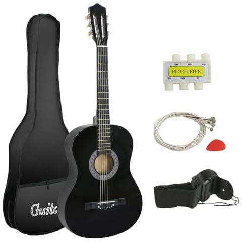 Smartxchoices 38" Kids Acoustic Guitar Bundle Kit for Starter Beginner Music Lovers, 6-String Folk Guitar with Gig Bag, Extra Set Steel Strings, Strap, Pitch Pipe and Pick, Black Cover