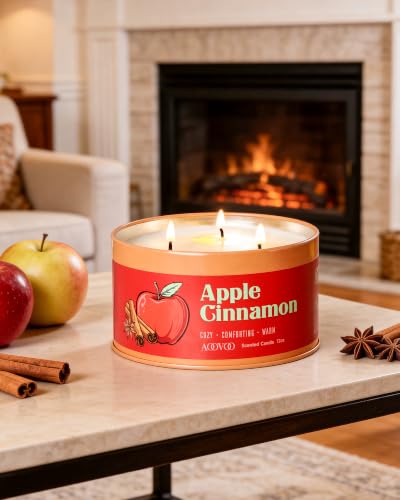 Image of AOOVOO Apple Cinnamon Candle - 3 Wick 12oz Large Fall Candles, Soy Wax Strong Scented Candle Non Toxic, Long Lasting Aromatherapy Candle for Home, Autumn Candle Gift for Women Men
