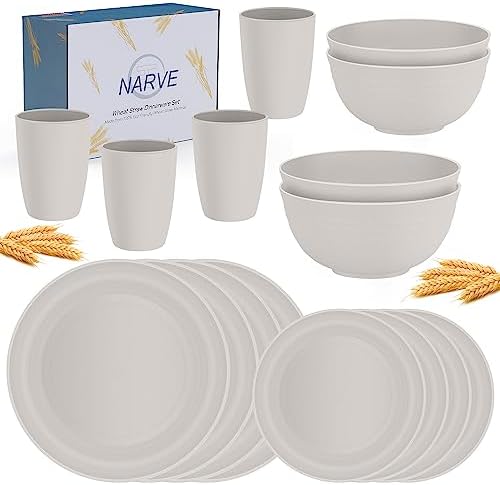 Wheat Straw Dinnerware Sets 16 Piece | Unbreakable, Microwave Safe, Dishwasher Safe | Lightweight Plates and Bowls Sets | Reusable, Camping Dishes, Dishes Set For 4 | Outdoor Kitchen | Dish Set, Beige