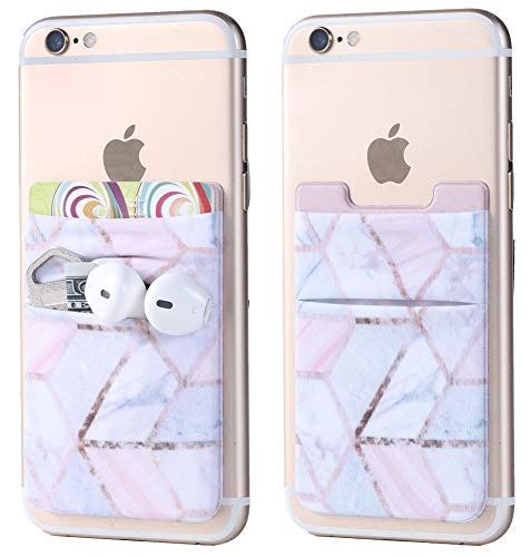 2Pack Phone Card Holder Stretchy Lycra Stick on Wallet Double Pocket Credit Card ID Case Pouch Sleeve 3M Adhesive Sticker for Back of iPhone Samsung Galaxy Android Smartphones (Rose Gold Cubic Marble)