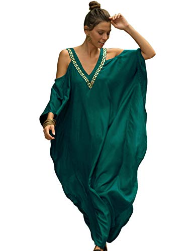 Grajtcin Cold Shoulder V Neck Plus Size Caftan For Womens Beach Kaftan Dress Bikini Swimsuit Cover Ups Peacock Green (G-Green) #TOP2