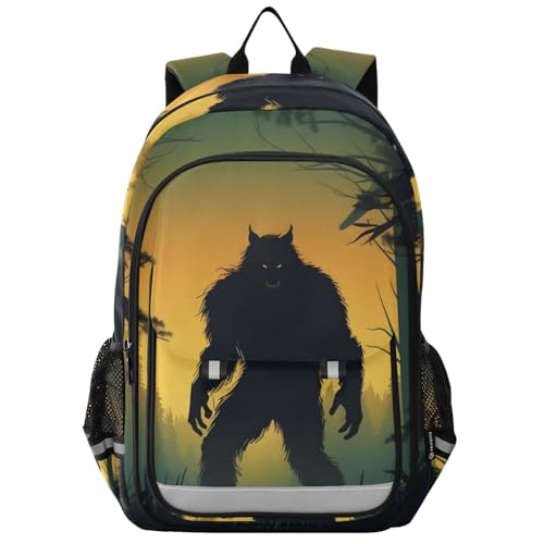 Werewolf Silhouette Kid School Backpack for Boys Girls, Travel Backpack Large Capacity with Reflective Stripe Bookbag 17.7
