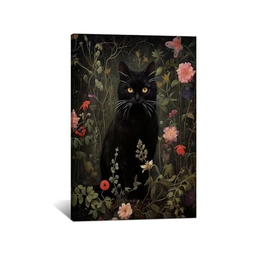 Mystical Black Cat Floral Wall Art Print