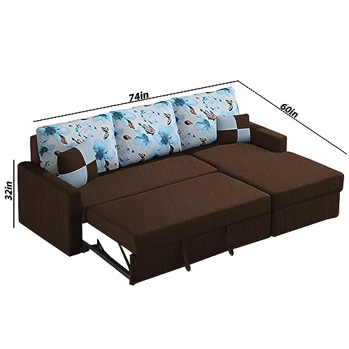 Image of Orland 4 Seater LHS L Shape Sofa Cum Bed for Living Room | Color - Brown | Premium Fabric Sofa