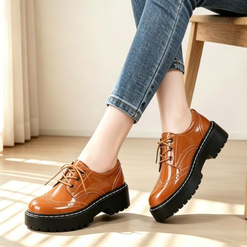 Image of Womens Oxford Shoes Black Leather Platform Oxford Shoes for Women Brogue