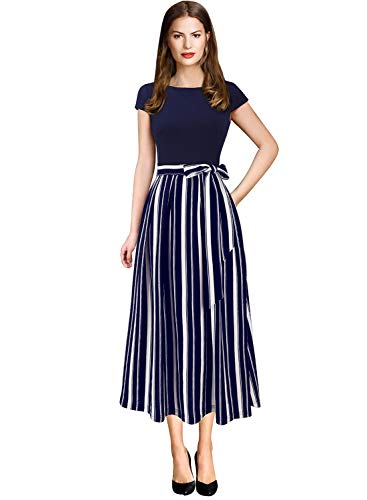 VFSHOW Womens Elegant Patchwork Pockets Belted Pleated Work Office Business Casual Party A-Line Midi Dress - Image 3