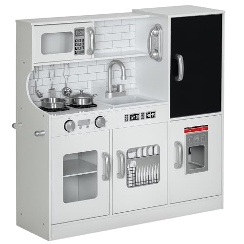 AIYAPLAY Cocina de Juguete Cocina para Niños de +3 Años Cocinita Infantil de Madera con Accesorios para Cocinar Pizarra Máquina de Hielo y Teléfono 83,8x26,8x81 cm Blanco