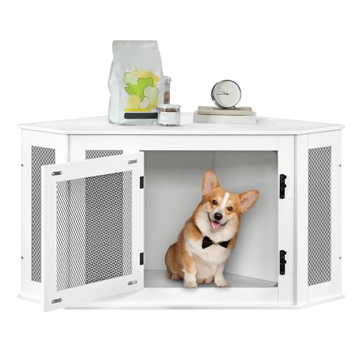 MAHANCRIS Eck Hundekäfig Möbel, Hundebox für Zuhause, im Innenbereich, 113 x 60 x 60 cm, Haustierkäfig für Kleine und Mittelgroße Hunde, Multifunktional, Vintage-Stil, Verwittertes Weiß ADCWT0801