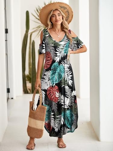Image of BELAROI Womens Cold Shoulder Maxi Dress Plus Size V Neck Summer Sundresses with Pockets Beach Coverup Vacation Outfits
