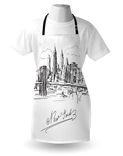 Lunarable Nyc Apron, New York City Contemporary Business Metropolis Corporate Town Monochromic Sketch, Unisex Kitchen Bib With Adjustable Neck For Cooking Gardening, Adult Size, White Black #TOP2