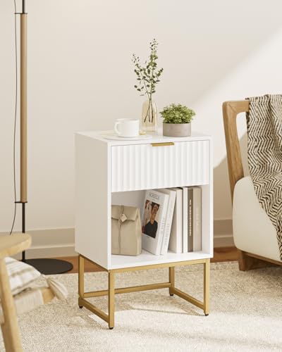 Image of Masupu White Nightstand, Fluted Night Stand, Wood Bedside Table with Storage Drawer, Modern Side End Table for Bedroom, White