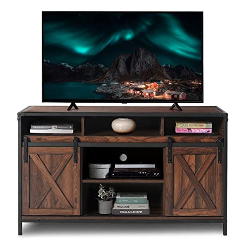 AODAILIHB Farmhouse Grooved Wood TV Stand for TV’s up to 50″ with Storage Cabinet Doors and Shelves Entertainment Center Living Room Storage, 28 Inches Tall (Dark Brown)