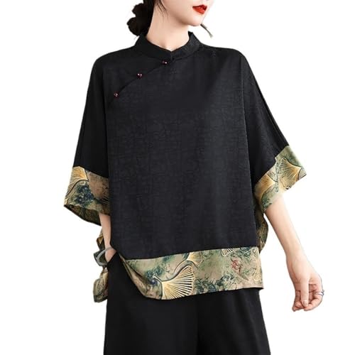 Hauts Patchwork Imprimés Floraux De Style Chinois Pour Femmes Chemise À Col Montant Et Manches...