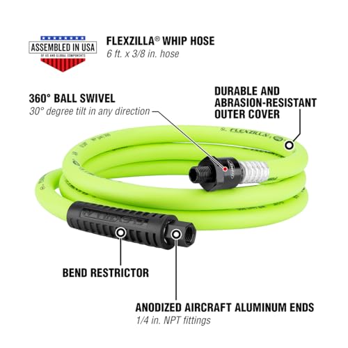 Flexzilla Swivel Whip Air Hose, 3/8 in. x 6 ft. (1/4" MNPT Ball Swivel x 1/4" FNPT Ends), Heavy Duty, Lightweight, Hybrid, ZillaGreen - HFZ3806YW2B - image 2