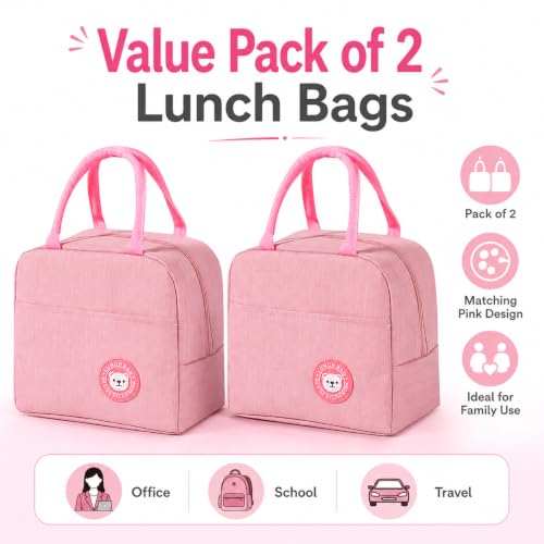 Image of Milton Pack of 2 Thermal Meal Bags with Spacious Compartments, Reusable Lunch Carrier for Work School Travel and Daily Food Organization Needs, (Pink,Pink