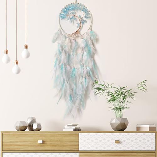 White and Cyan Dream Catcher Wall Decor Crystal Tree of Life Dream Catchers Handmade Feather Dreamcatcher Wall Hanging Ornament for Bedroom Living Room Home Decor - Image 3