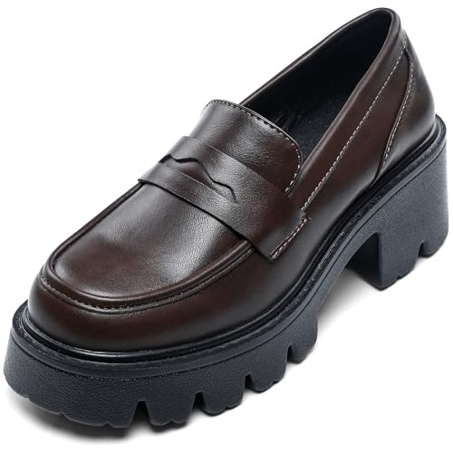 Image of Black Penny Loafers for Women - Women's Slip-On Platform Patent Leather Loafers, Chunky Comfort Shoes for Work & Dressy Occasions