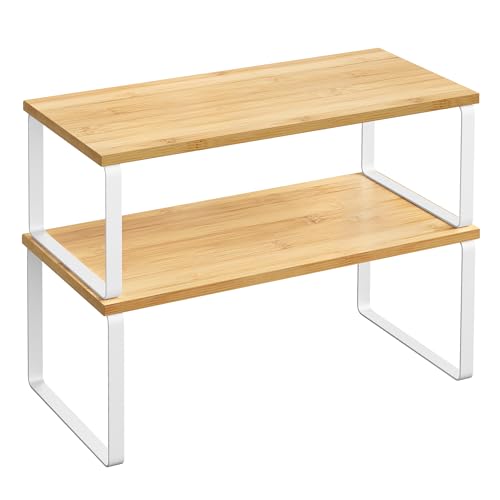 SONGMICS Gewürzregal, 2er Set Küchen-Organizer, Küchenregal, Schrank-Organizer Küche, erweiterbar, kleines Regal, stapelbar, Metall und Holzwerkstoff, wolkenweiß-naturbeige KCS200W01