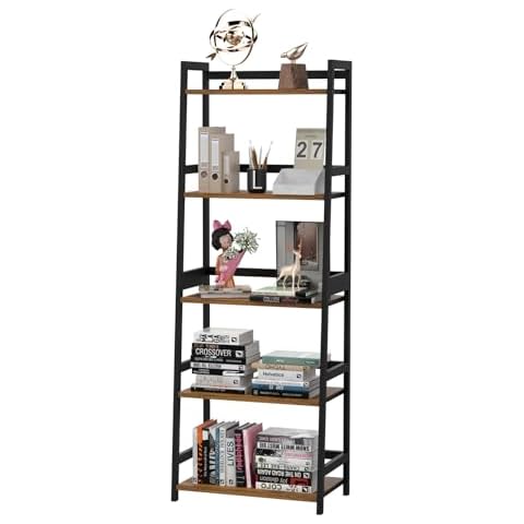 WTZ Book Shelf, 5 Tier Bookcase, Display Storage Shelves, Tall Bookshelf for Books, CDs, Movies, Garage Kit, Industrial Corner Storage Organizer for Bedroom Home Office Kitchen Living Room Rust Brown Cover