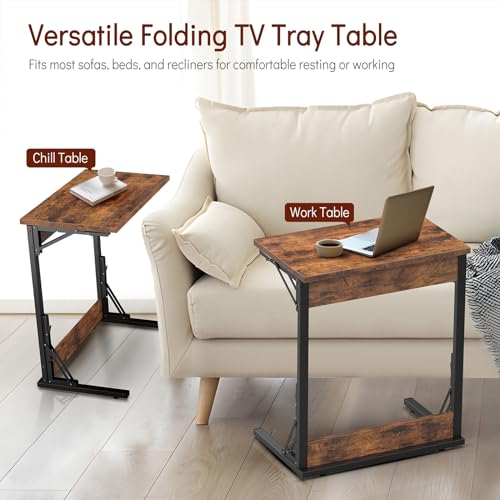 Tatub 24" Folding C Shaped End Table Set of 2, Small Sofa Side Laptop Desk, Couch TV Tray Table for Living Room, Bedroom, Rustic Brown