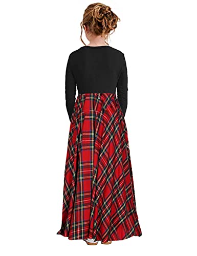 Image of KYMIDY Girl Maxi Dress Kids Casual Buffalo Check Plaid Long Sleeve Dresses with Pockets(6-14yrs)