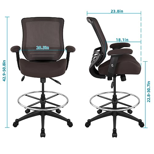 Image of BOLISS 400lbs Mesh Ergonomic Drafting Chair,Tall Office Chair, Standing Desk Chair,Height Adjustable Armrest,Lumbar Support,Foot Ring,Swivel Computer Task Chair(Brown)