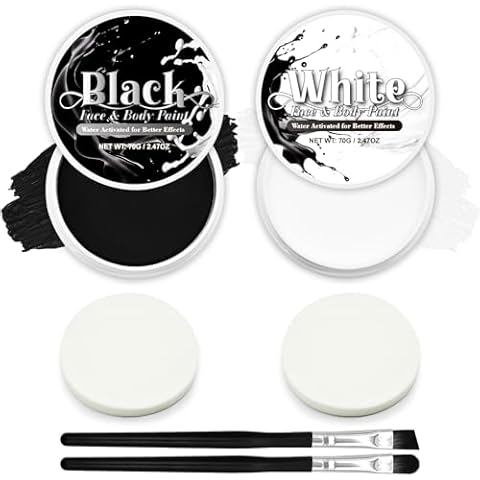 Black & White Face Paint Set (2.47 oz Each) - Professional High Pigment Oil-Based Makeup Kit for Halloween SFX, Clown, Joker, Skeleton Cosplay - Body & Face Costume Party Accessory for Kids Adults Cover