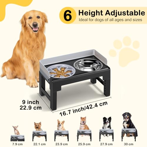 Euqvunn Hundenapf Erhöht, 6-stufig höhenverstellbar, 5° Neigung, Spritzschutz-Design, Futternapf Hund Erhöht mit Zwei 1000ml Edelstahl & Slow Feeder Hundenapf, für Kleine, Mittlere und Große Haustier