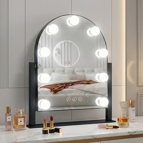 SLIMOON Arched Makeup Vanity Mirror with LED Lights Makeup Mirror Detachable 10X Magnification Hollywood Make Up Mirror with Lighting Smart Touch Rechargeable 360 Rotation Black 14.17x 11.81