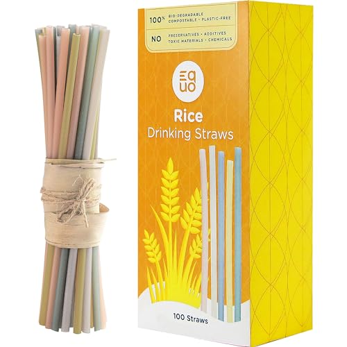 EQUO Rice Drinking Straws (Pack of 100, Standard) - Plastic-free, Home-compostable, Eco-friendly Straws for Sodas, Juices, Coffee & More